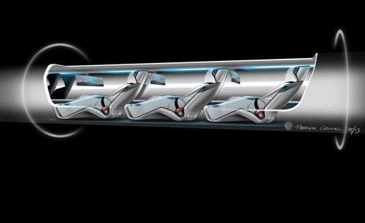 Modelo que ilustra un ejemplo de Hyperloop con pasajeros en su interior.