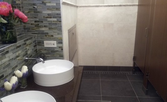 Un baño público majestuoso con obras de arte y música clásica