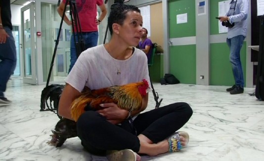 Corinne Fesseau sentada en el tribunal sostenido su gallo durante un juicio en Saint-Pierre-d’Oleron, Francia, el jueves 5 de septiembre de 2019.